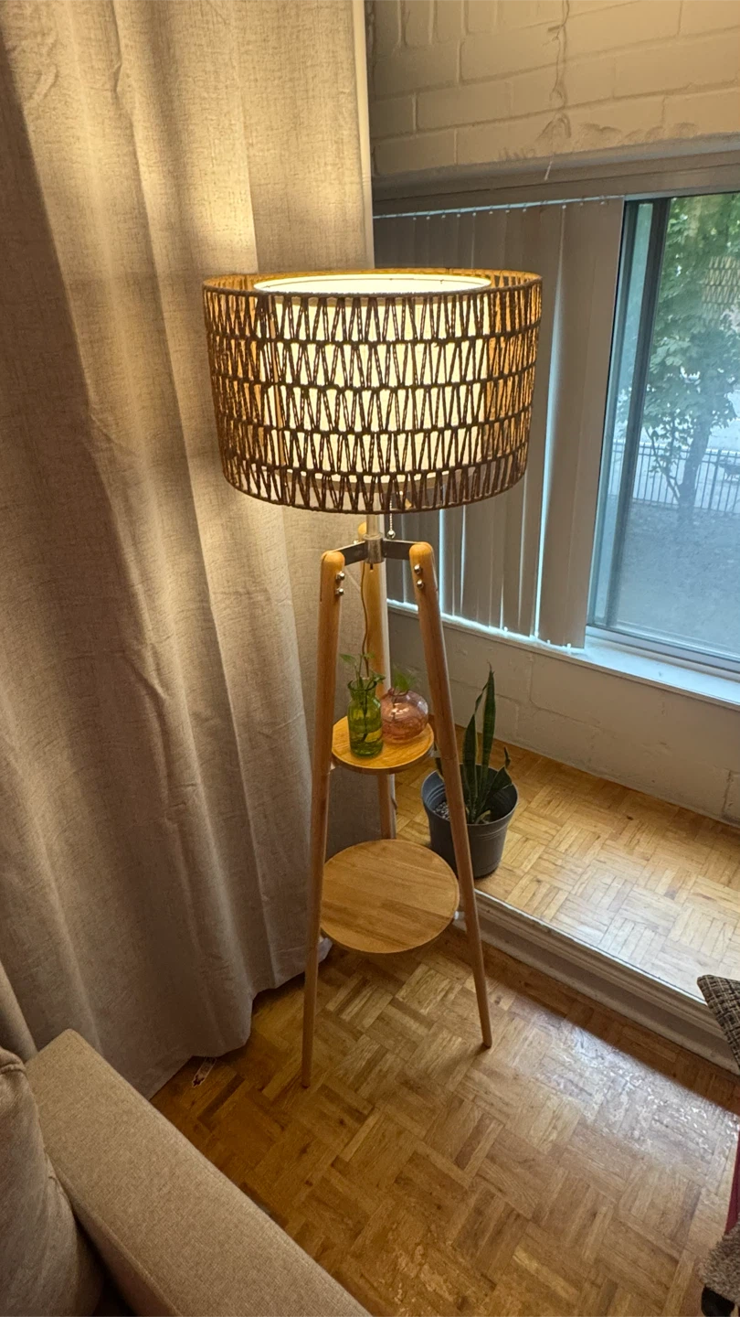 Wooden Tripod Floor Lamp with Shelves - photo 2