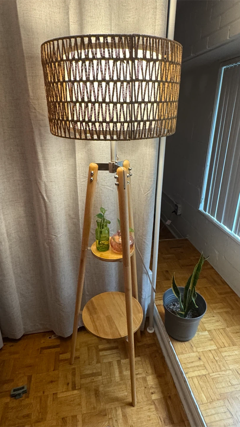 Wooden Tripod Floor Lamp with Shelves - photo 3