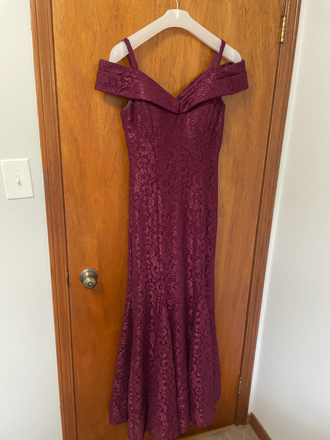 R&M Richards Burgundy Lace Evening Gown