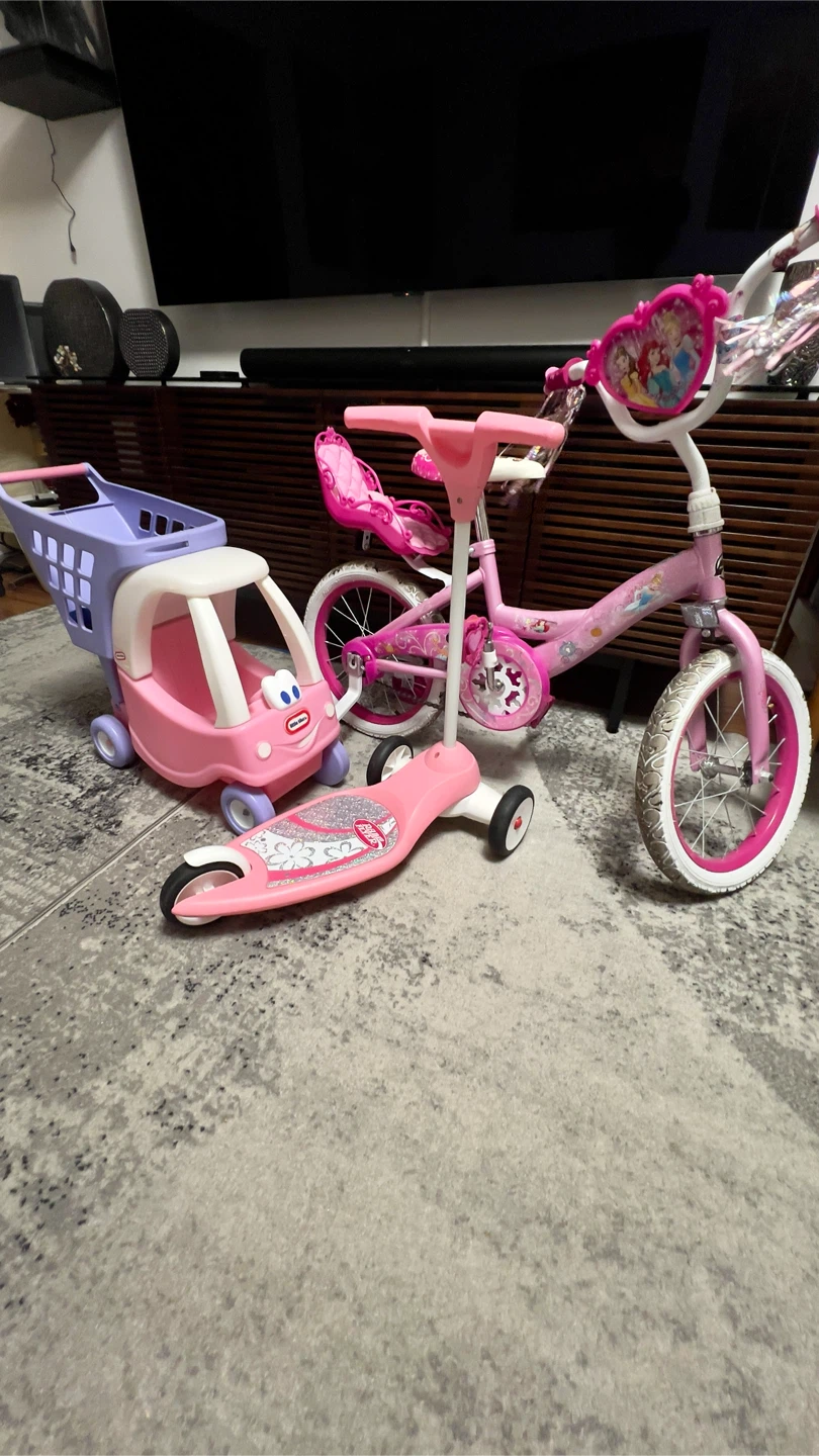 Disney princess bike “huffy” 16” + scotter + doll shopping car