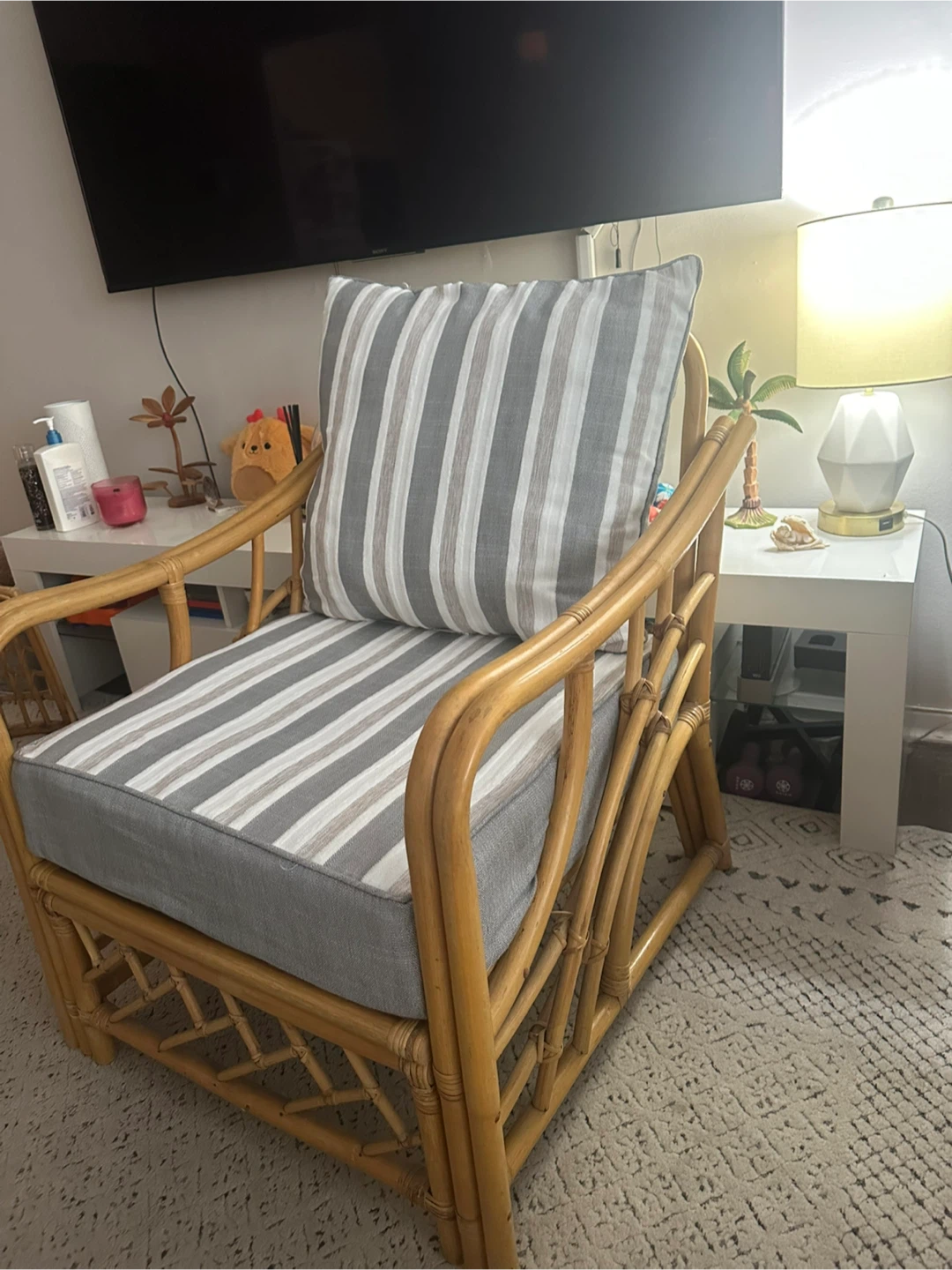 Rattan Armchair with Striped Cushions