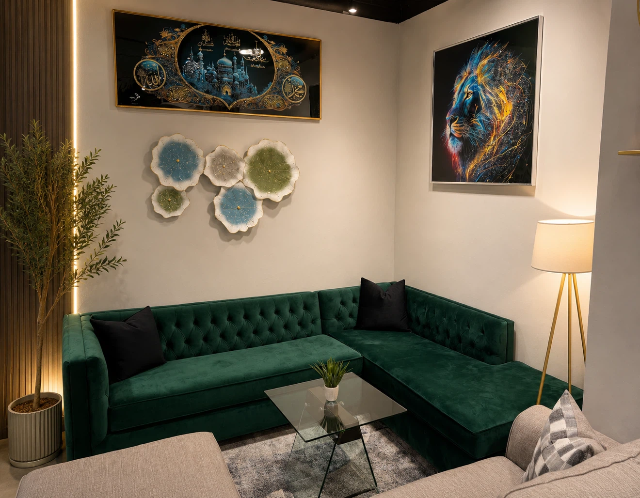 Green Velvet Tufted Sectional Sofa