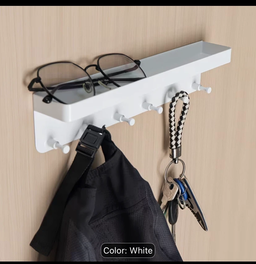 White Wall Mount Shelf with 6 Hooks