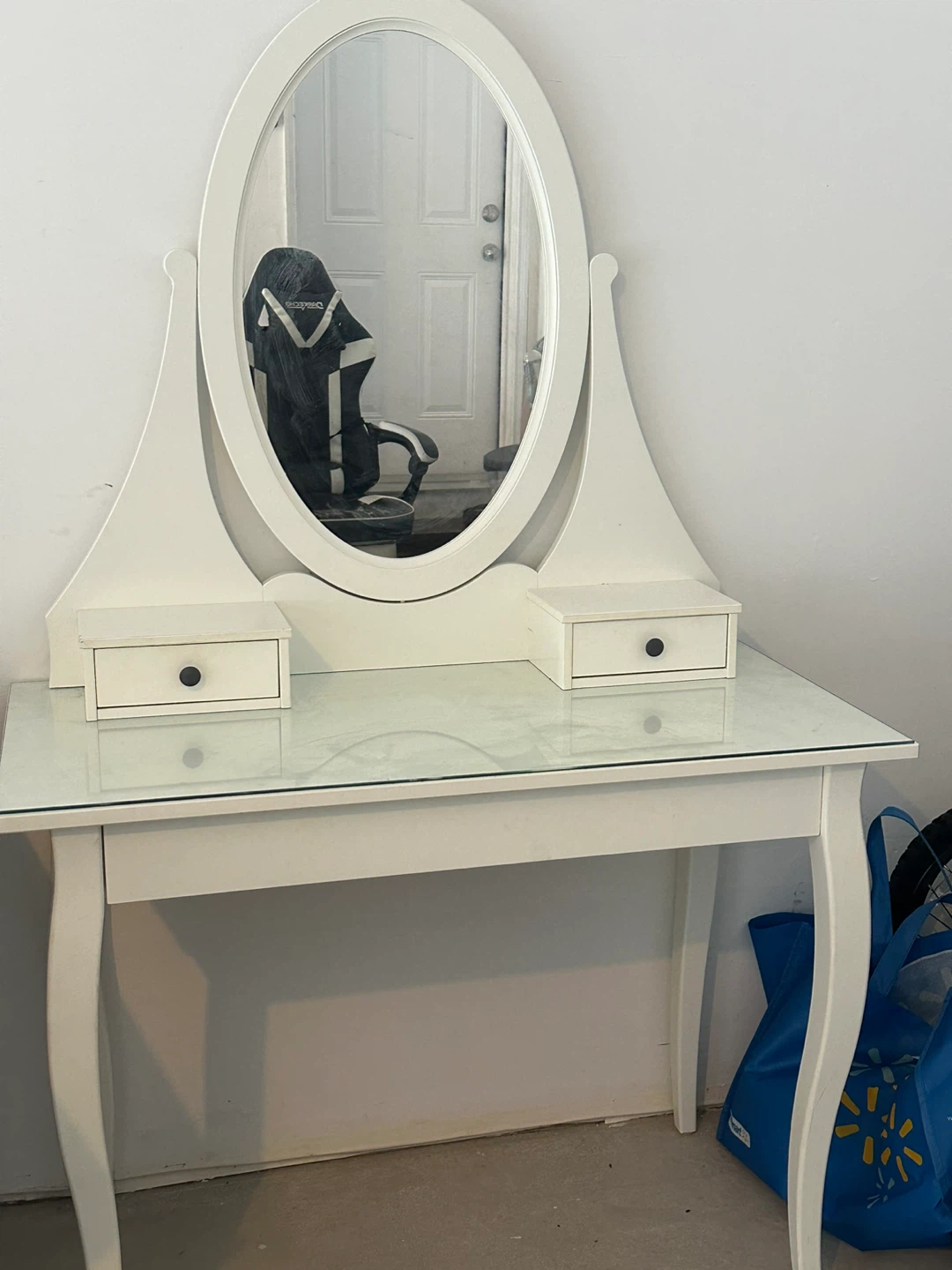 White Vanity Desk with Oval Mirror