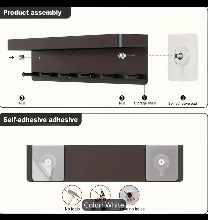 White Wall Mount Shelf with 6 Hooks - photo 4
