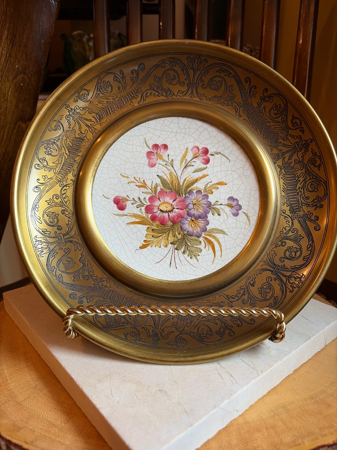 Vintage Argenteria Giusy Brass and Porcelain Plate
