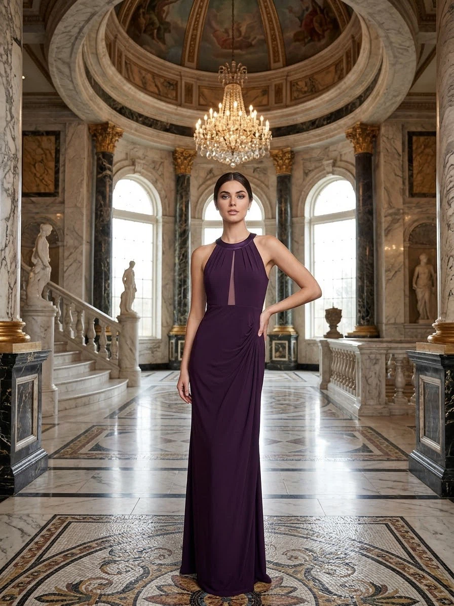 Women's Purple Halter Neck Gown