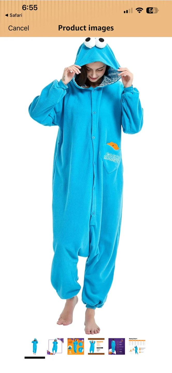 Blue Cookie Monster Onesie Unisex Adult Size Large