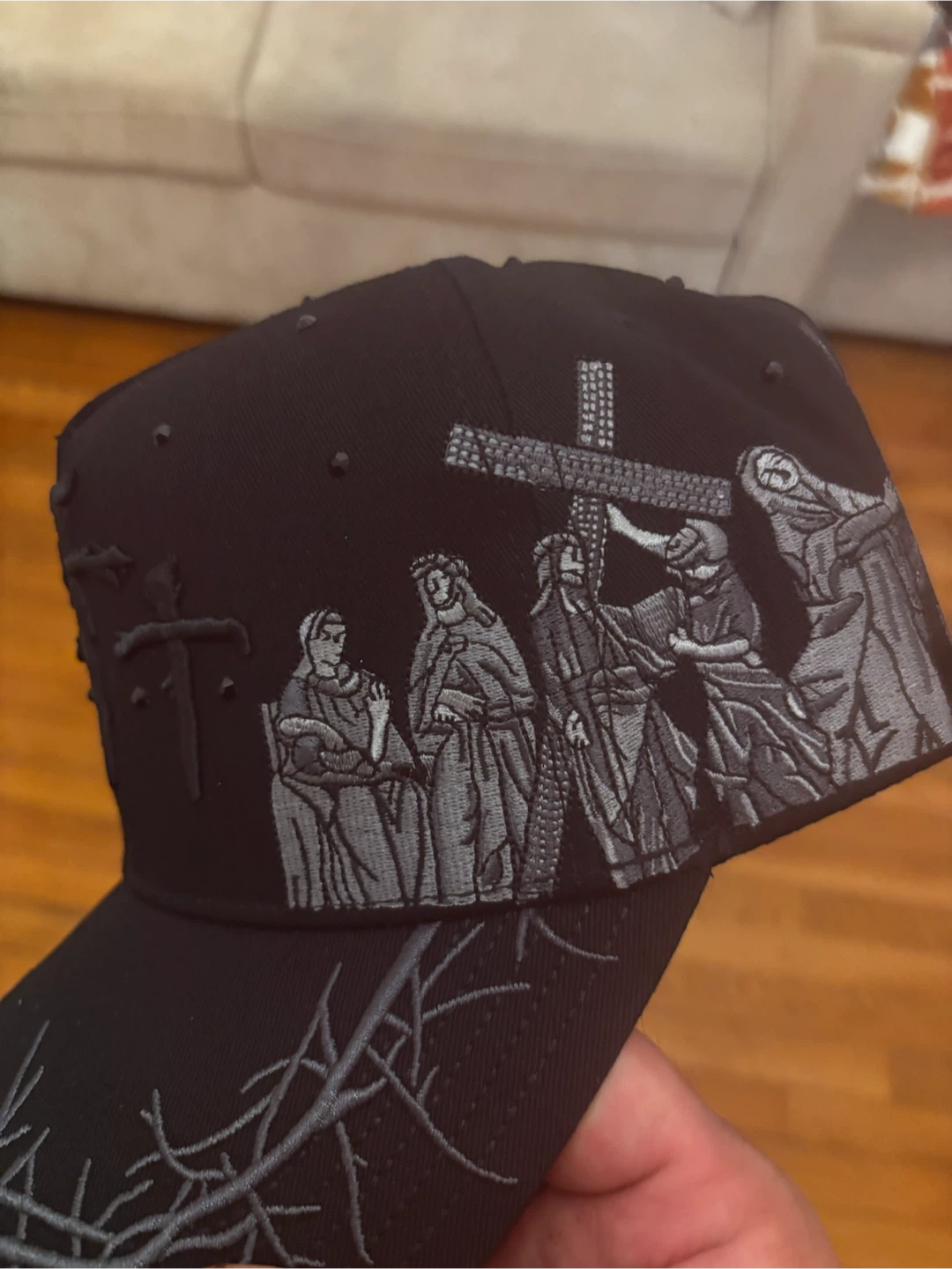 Black Baseball Cap with Religious Imagery