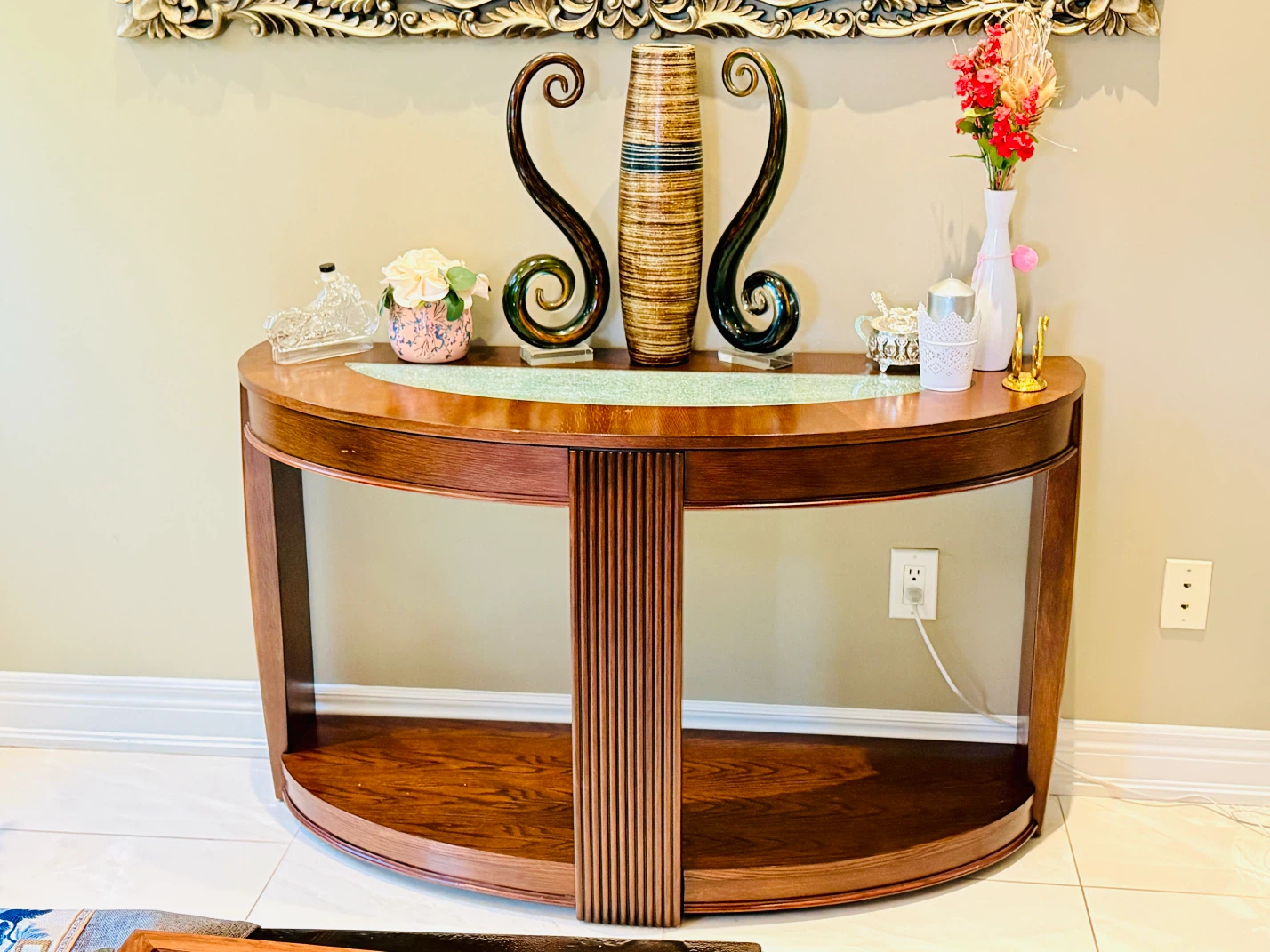 Half-Moon Console Table with Glass Inlay
