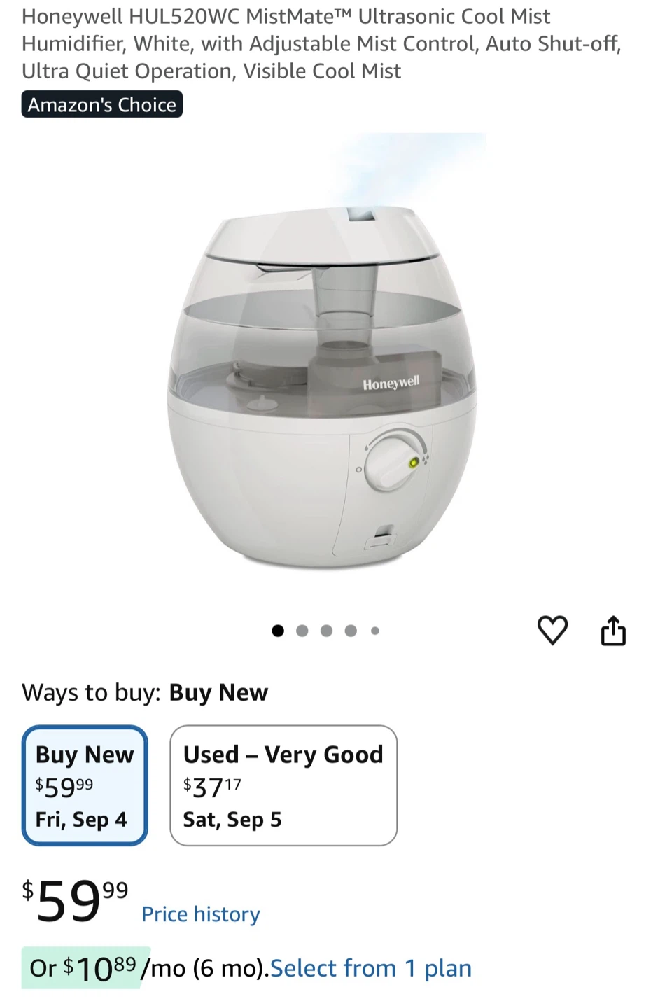 New Honeywell Mistmate Cool Mist Humidifier