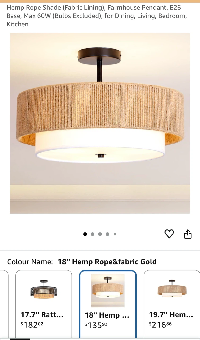 18" Hemp Rope & Fabric Gold Ceiling Light