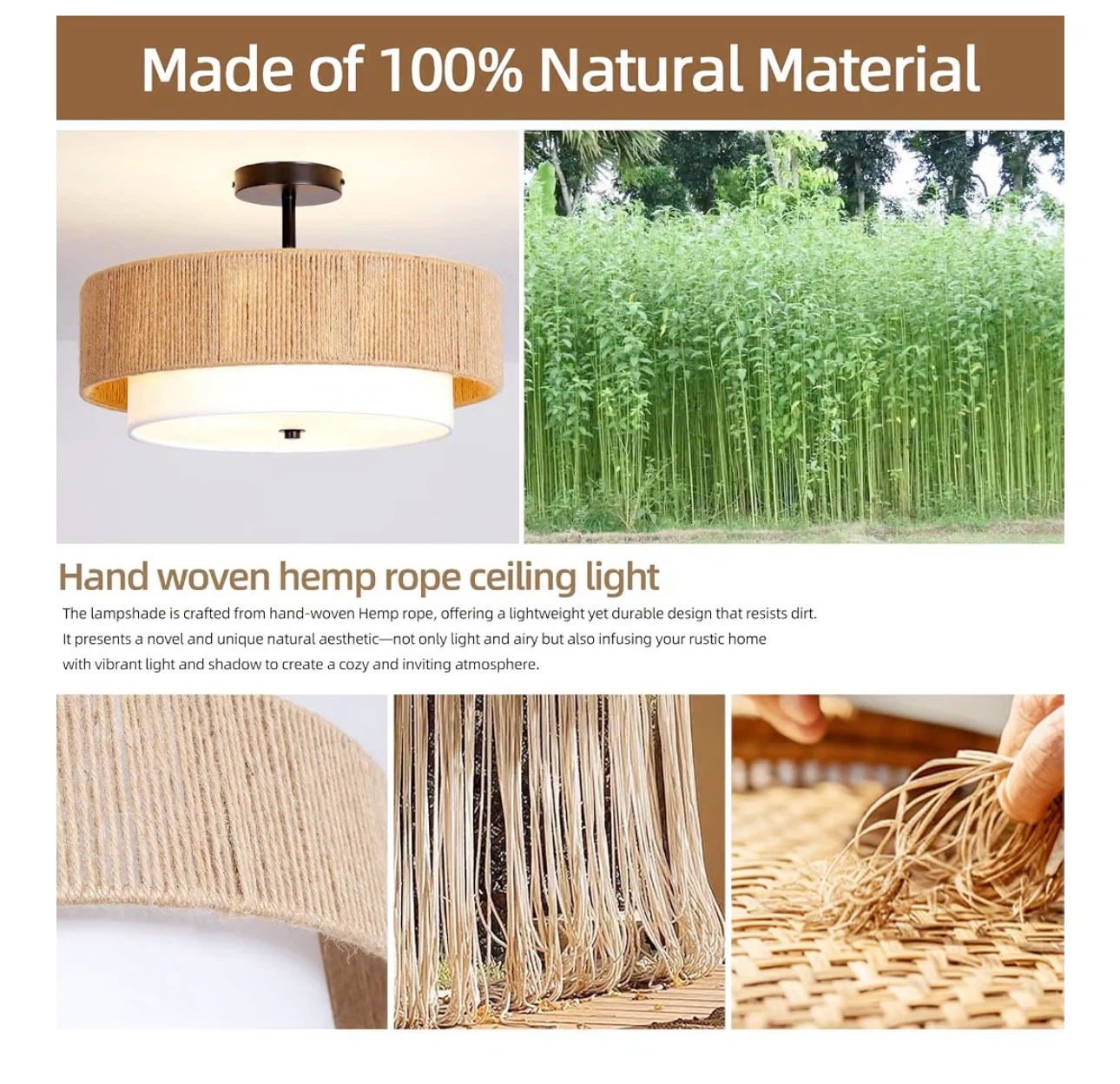 18" Hemp Rope & Fabric Gold Ceiling Light - photo 2