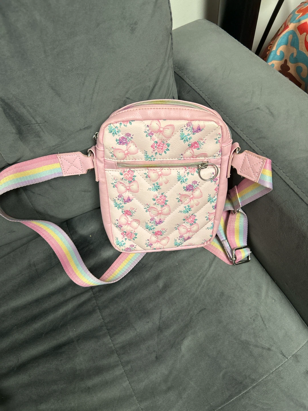 Pink Crossbody Bag with Rainbow Strap