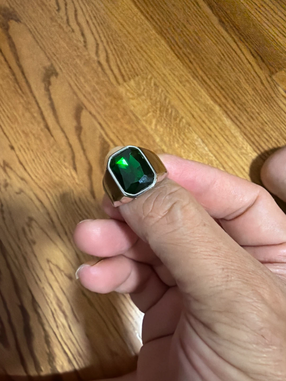 Silver-Tone Ring with Green Stone