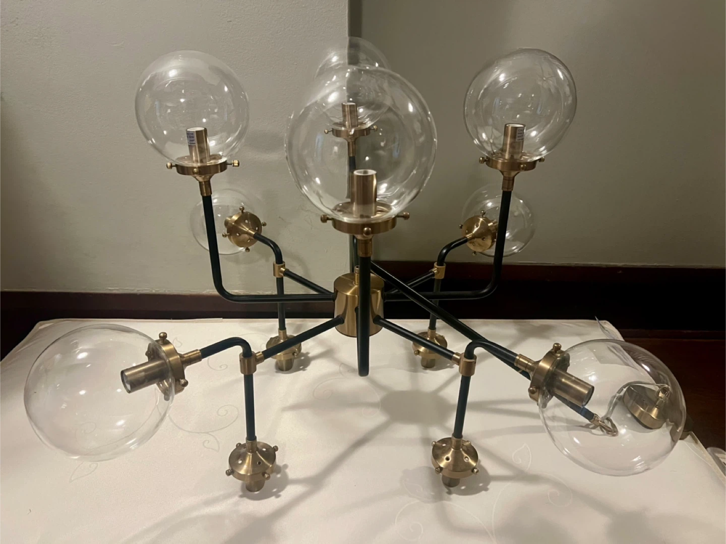 Matte black and brass Chandelier with 12x Clear Globe Shades