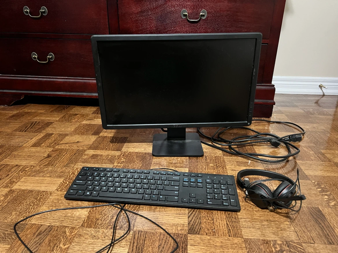 Dell Monitor, Keyboard, and Headphones