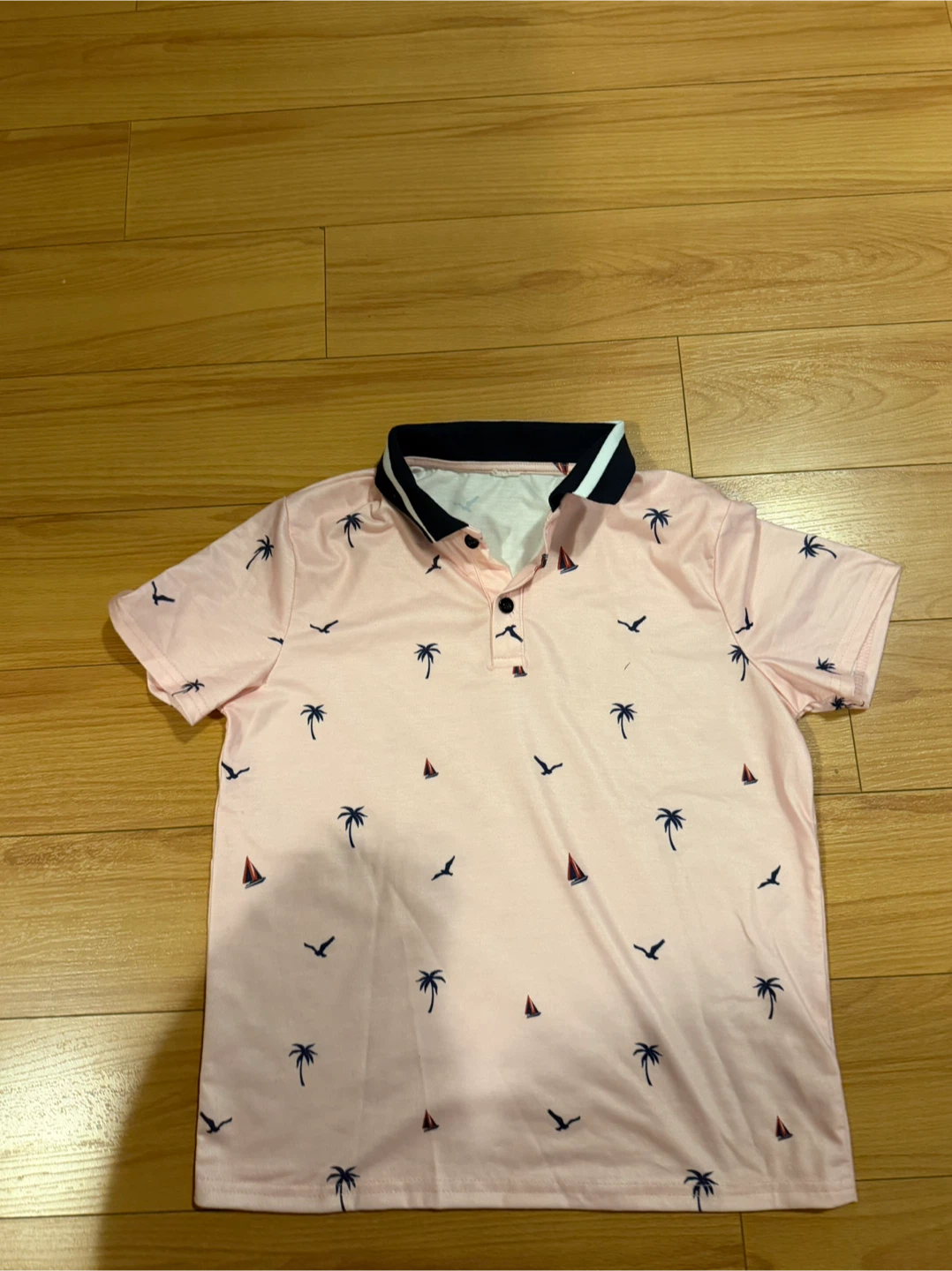 Pink Polo Shirt with Sailboat and Palm Tree Print
