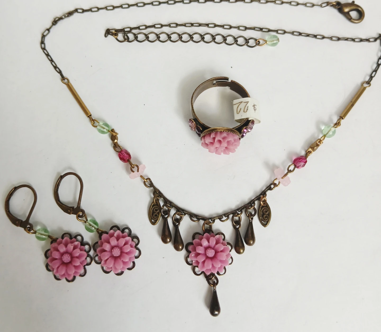 Pink Flower Necklace, Ring, and Earring Set - photo 4