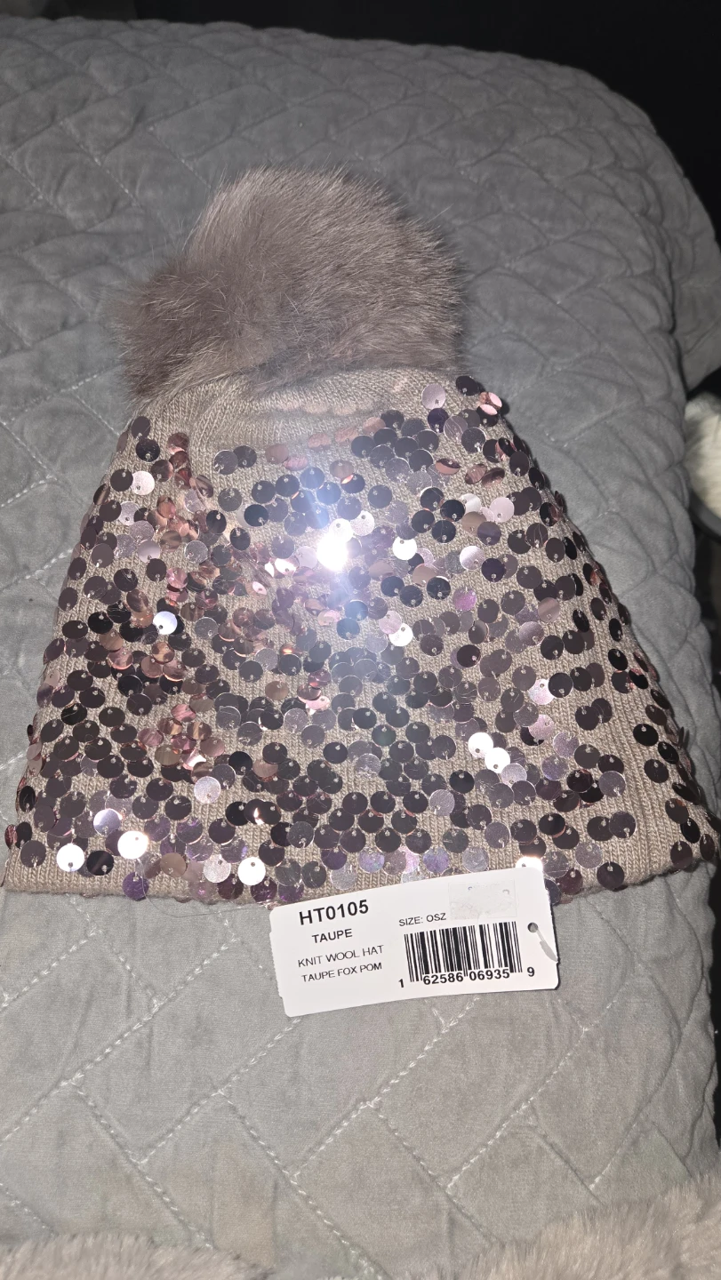 Mitchie's Taupe Sequin Knit Wool Hat with Fox Pom