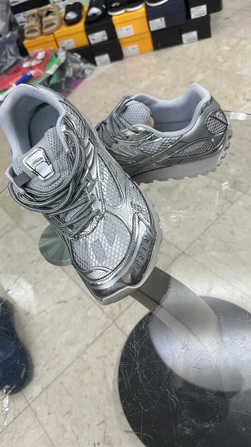 Bottega Veneta Silver Metallic Mesh Running Shoes