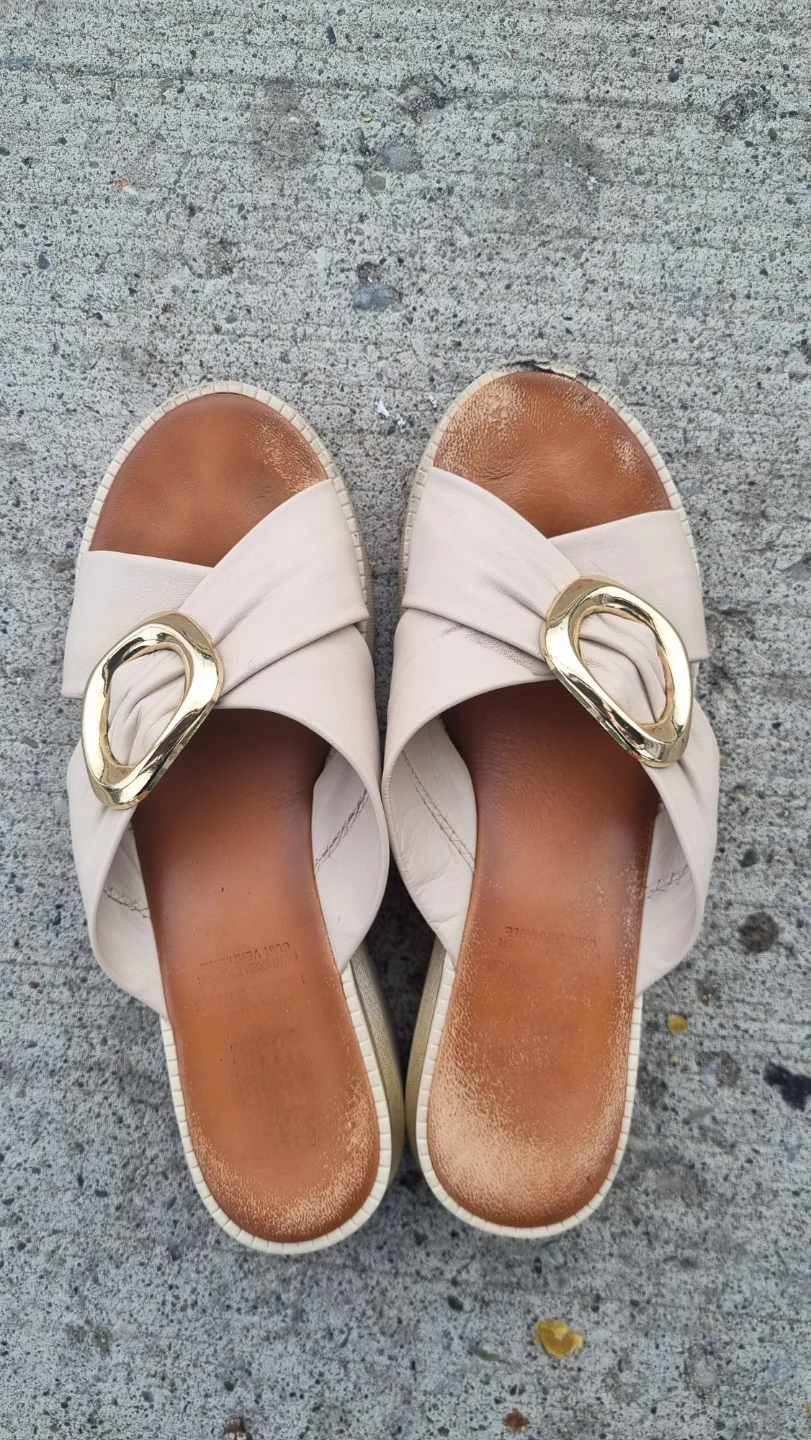 Women's Beige Slip-On wedges with Gold Buckle