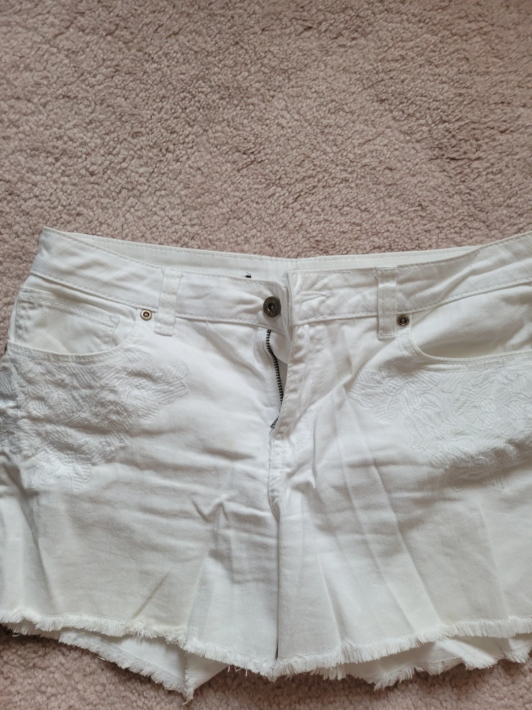 White Embroidered Denim Shorts