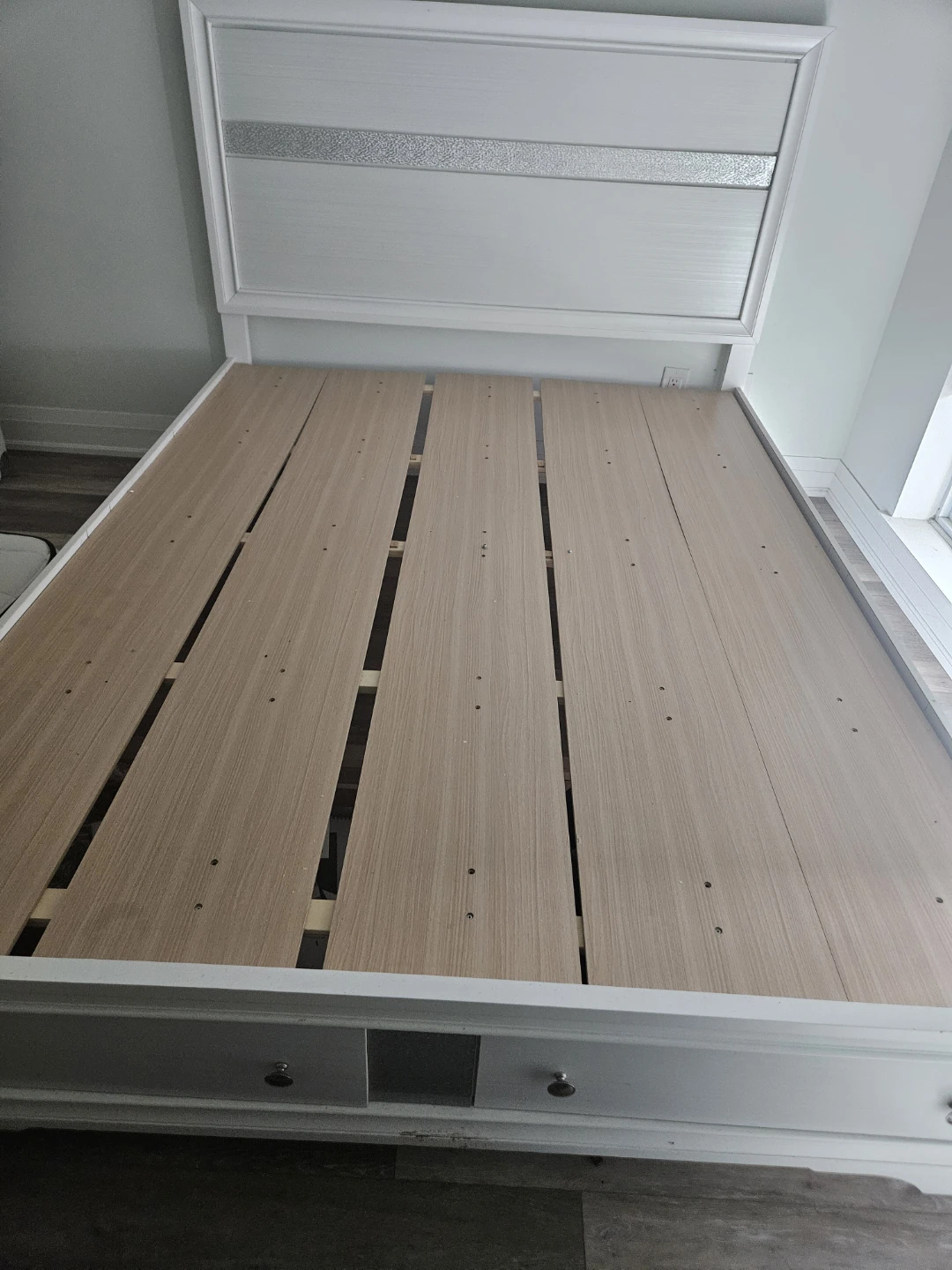 White Wood Bed Frame with Headboard and Drawers