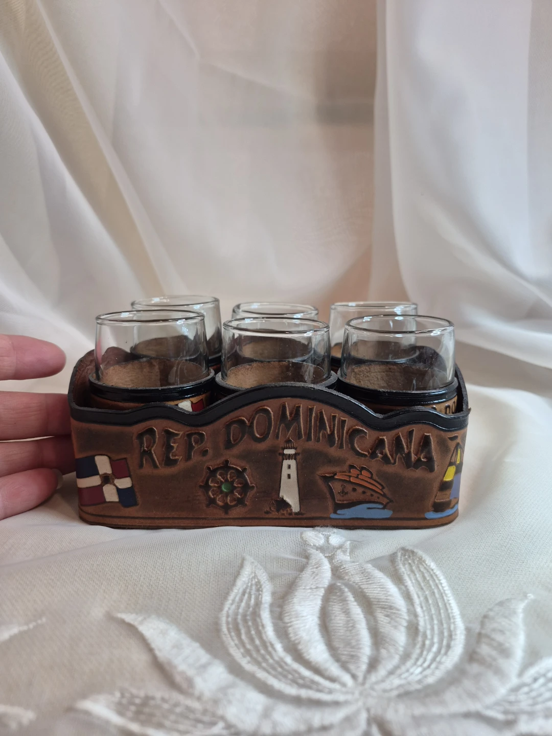 Set of 6 Dominican Republic Leather Holder Shot Glasses