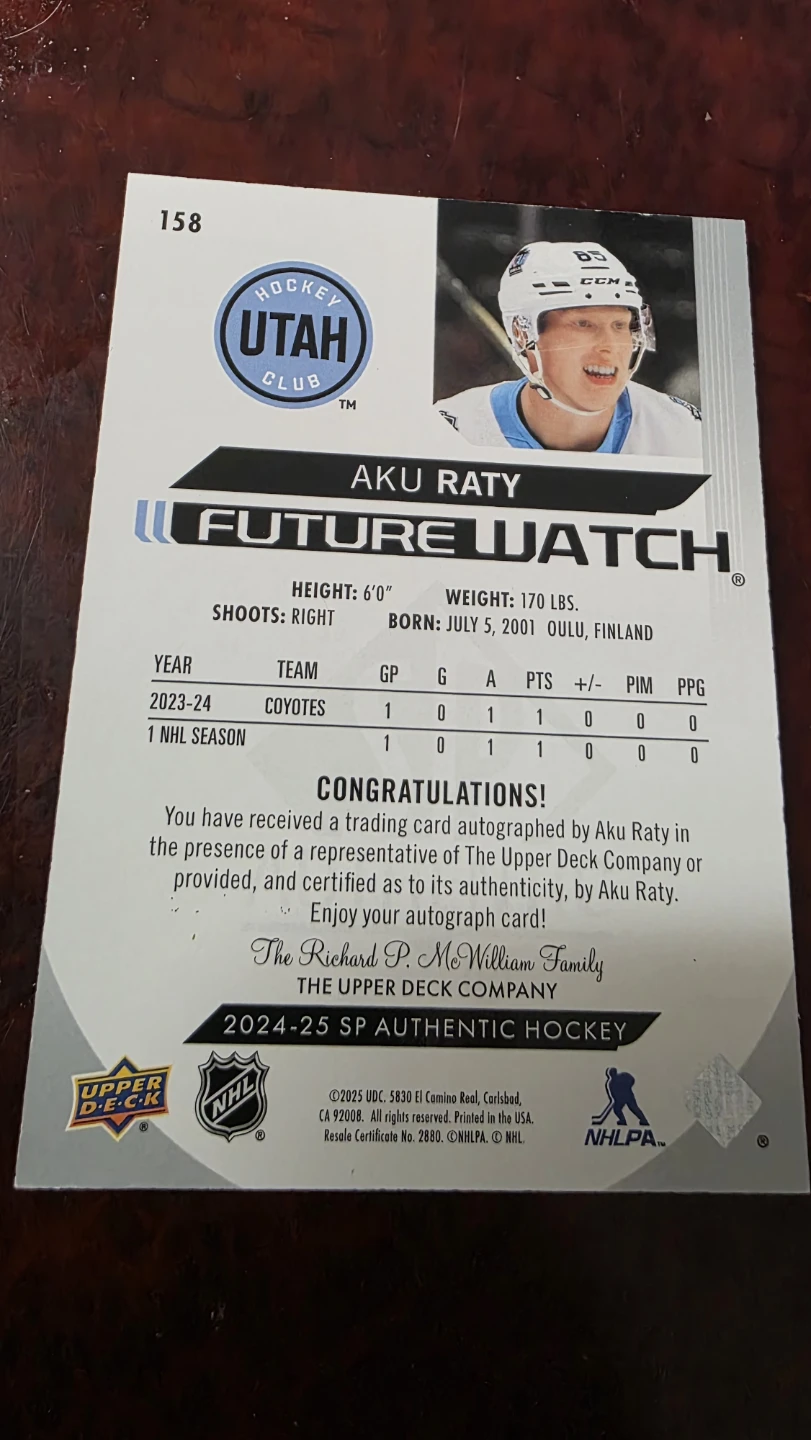 Aku Raty Autographed 2023-24 U.D. SP Authentic Future Watch - photo 2
