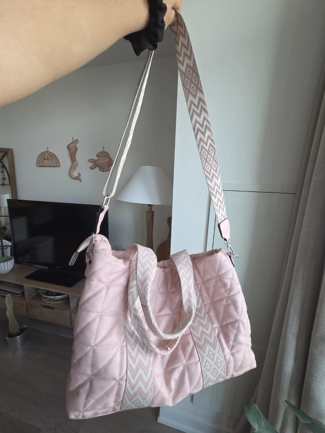 Pink Quilted Tote Bag with Patterned Straps - photo 2