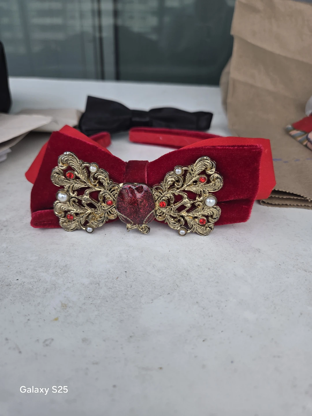 Red Velvet Bow Headband and Black Bow Tie Set