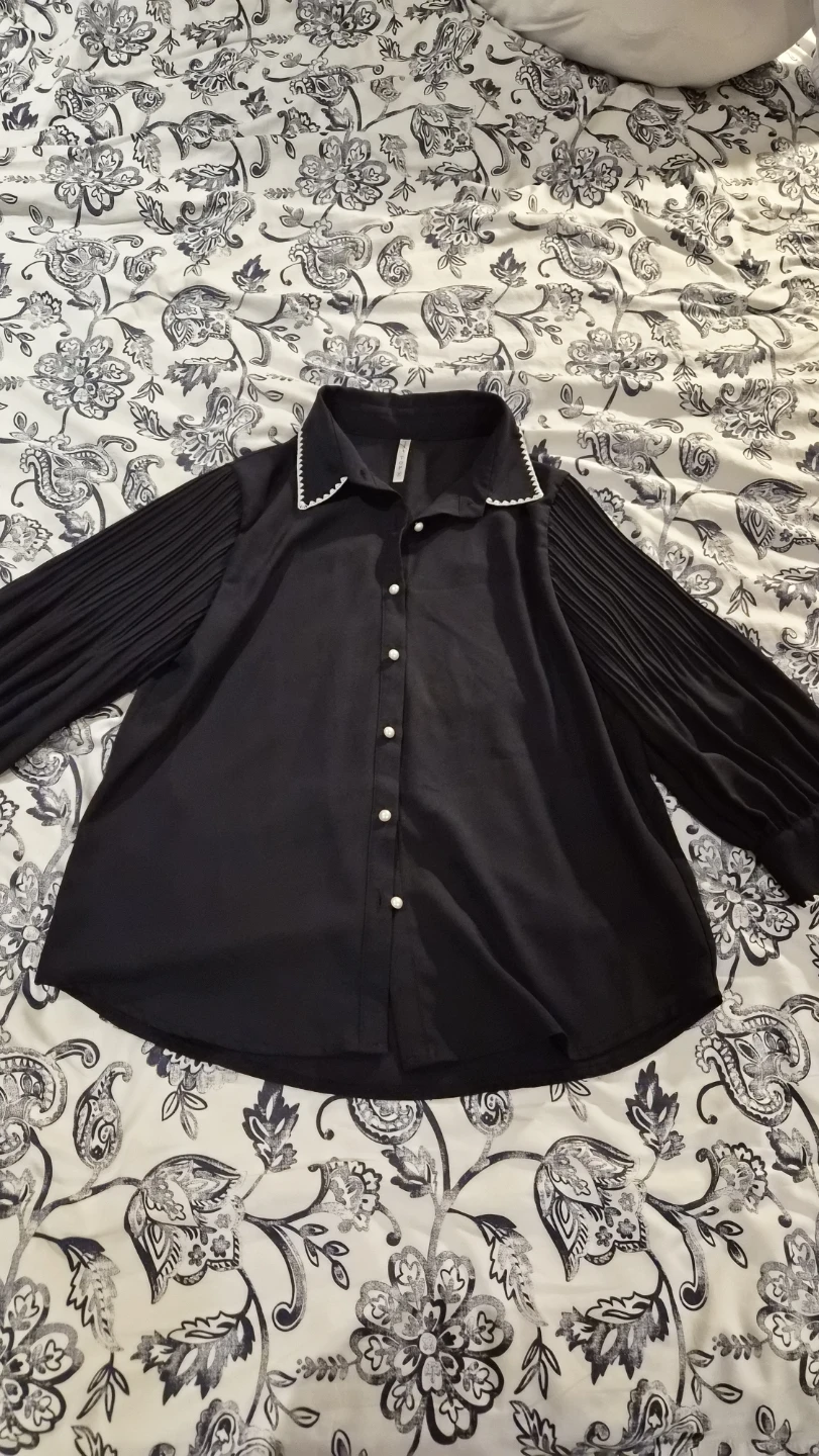 Navy Blouse with Pleated Sleeves