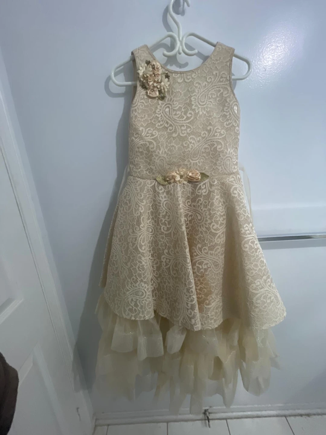 Girls Beige Lace Dress with Floral Embellishments