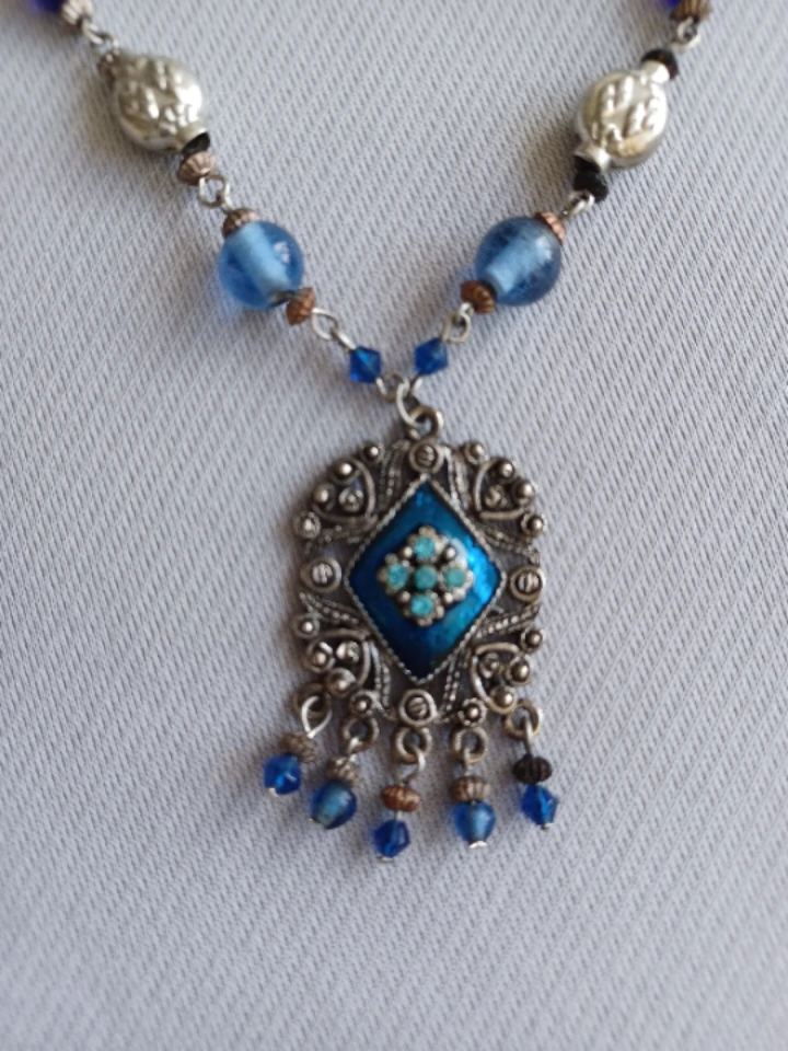 Blue Beaded Necklace with Pendant