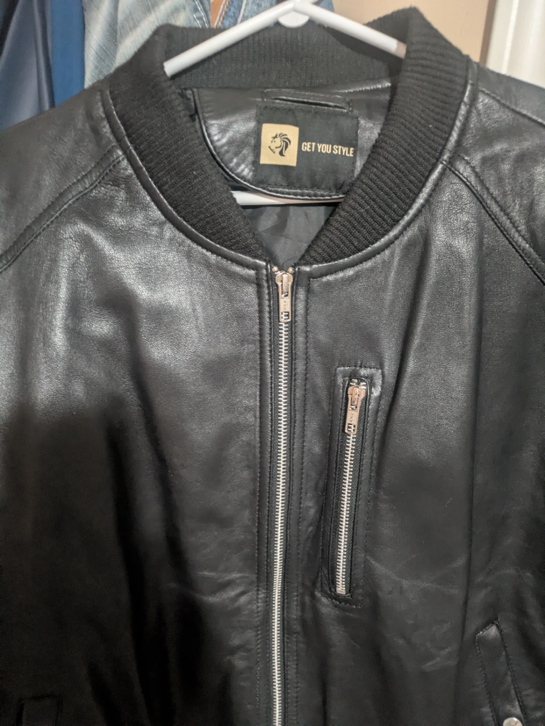 GET YOU STYLE Black Leather Bomber Jacket