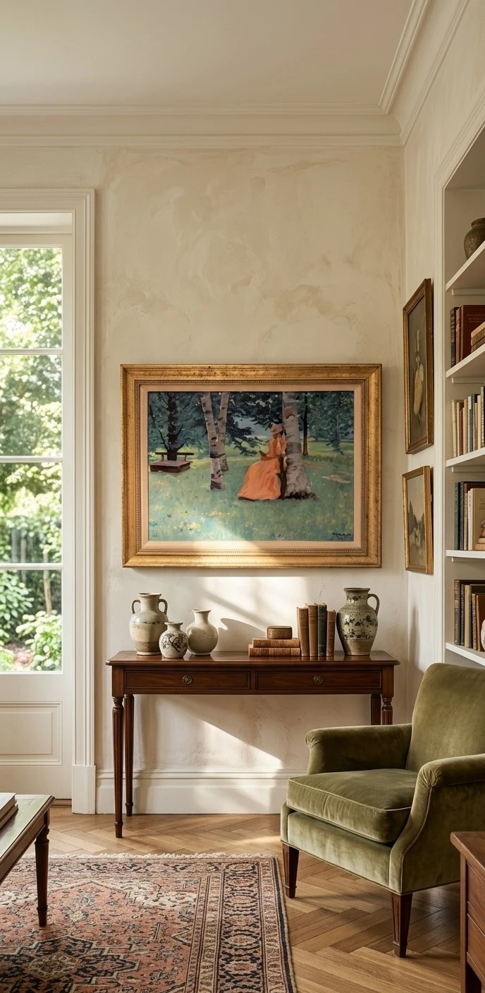 Oil Painting of Woman in Orange Dress by Birch Trees