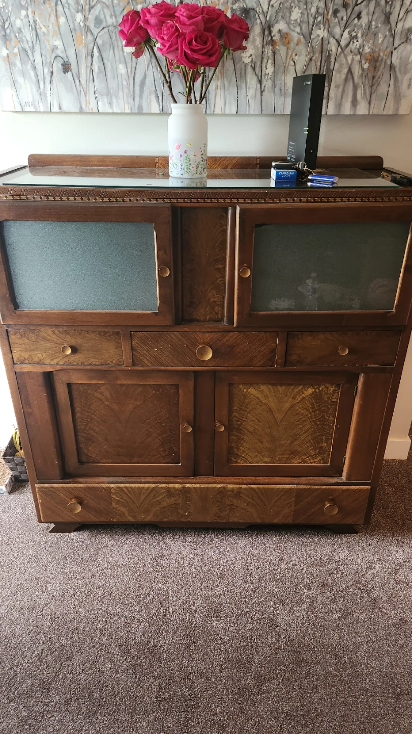 Vintage Wooden Cabinet with Frosted Glass Doors