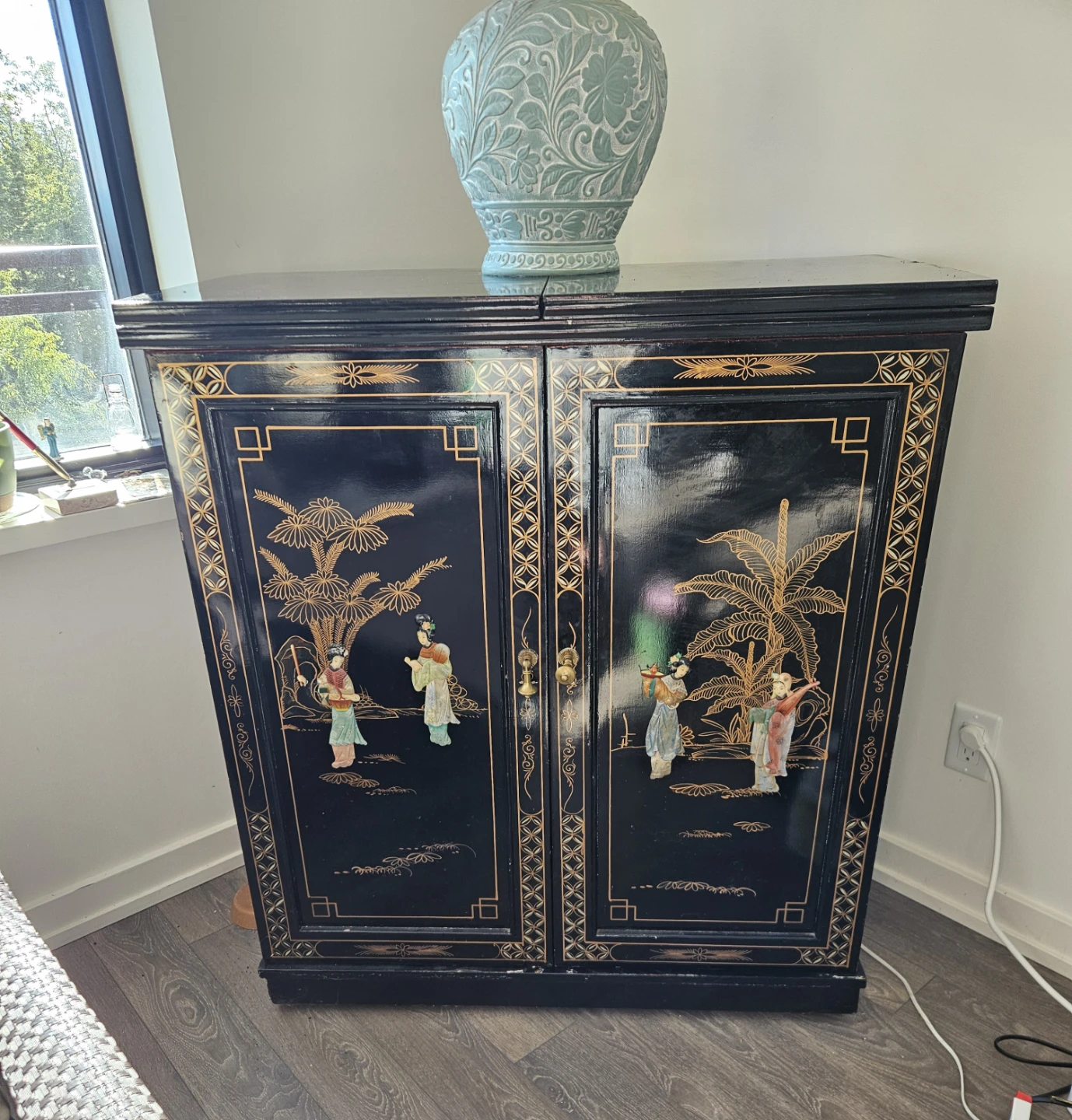Black Bar Cabinet with Marble Top