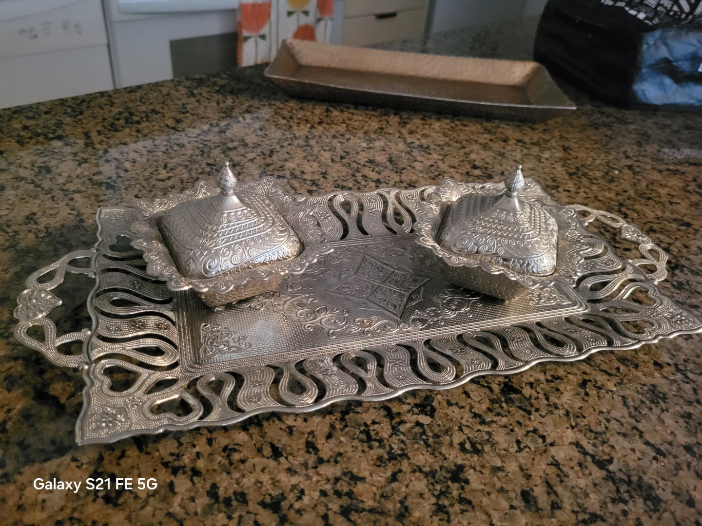Decorative Persian Silver Serving Tray with Lids - photo 2