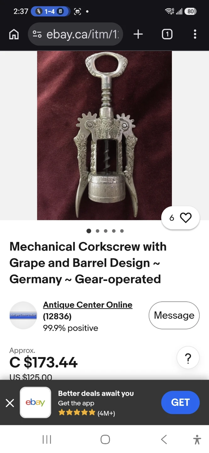 Vintage Pewter Corkscrew with Grape & Barrel Design - photo 5