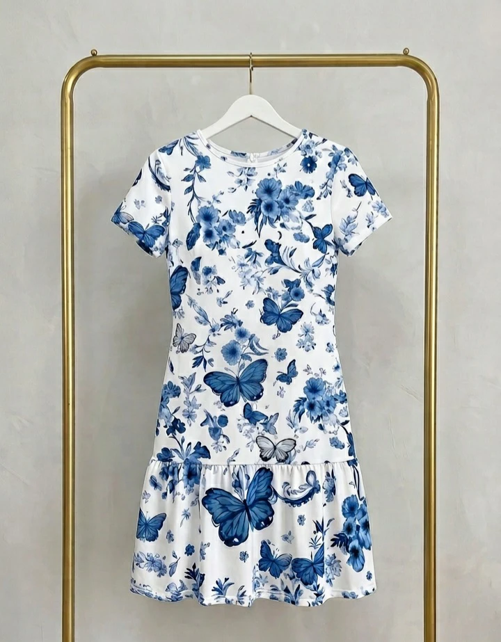 Blue Floral Butterfly Print Dress