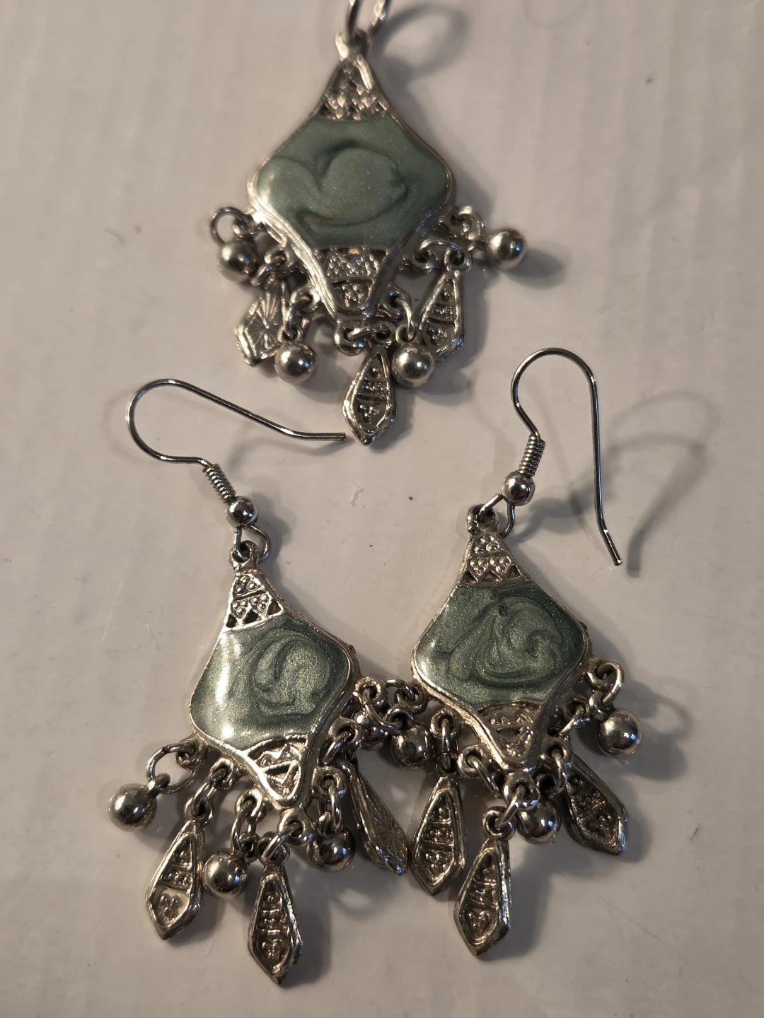 Silver-tone Dangle Earrings with Green enamel Accents