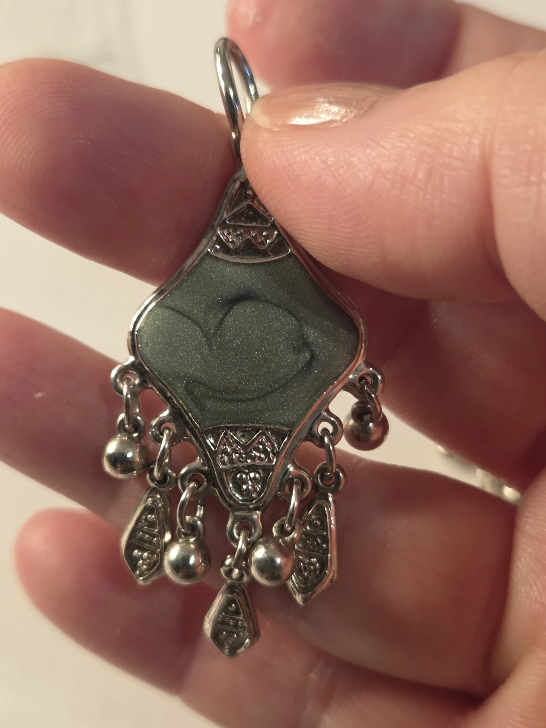 Silver-tone Dangle Earrings with Green enamel Accents - photo 2