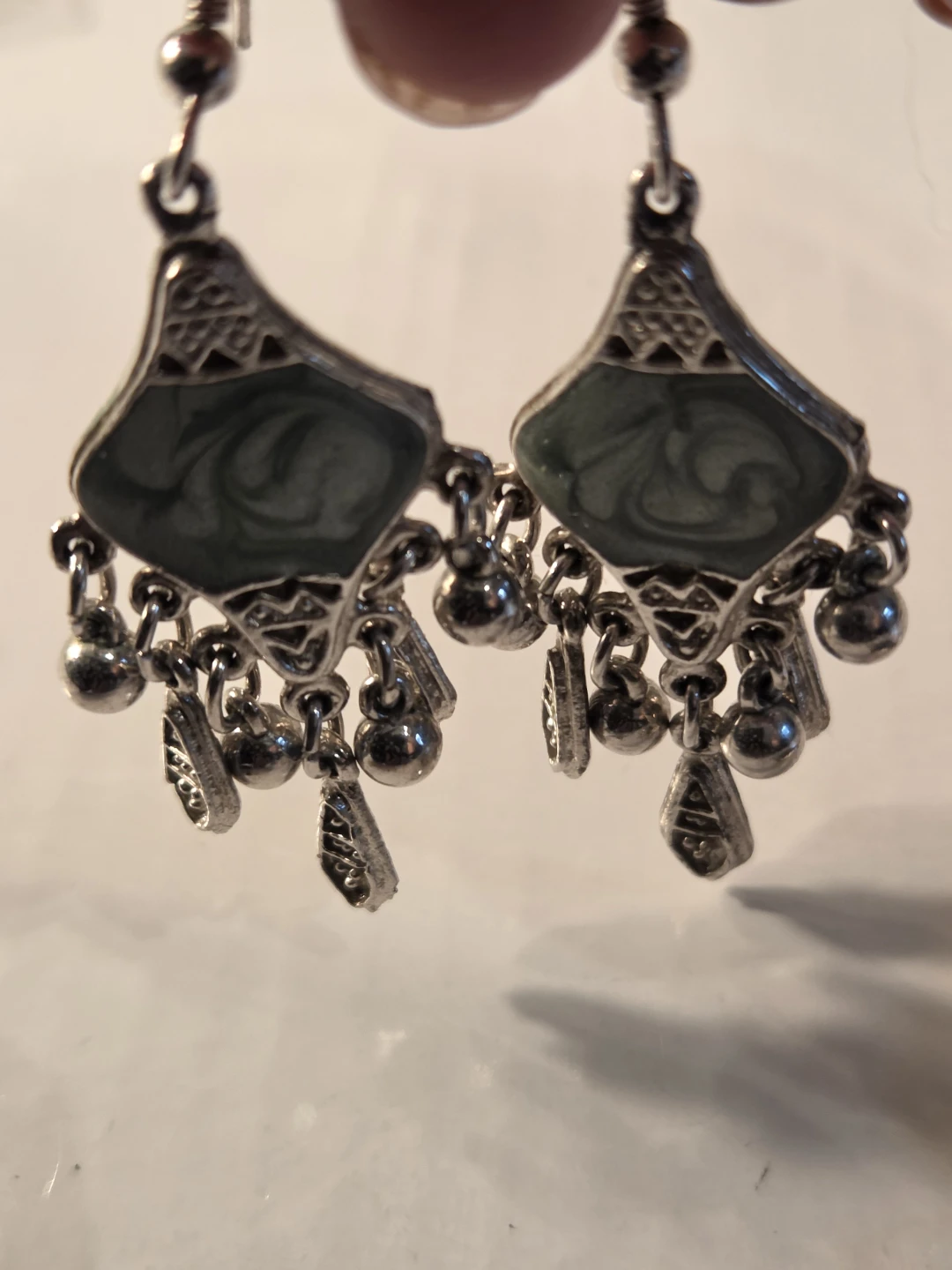 Silver-tone Dangle Earrings with Green enamel Accents - photo 3