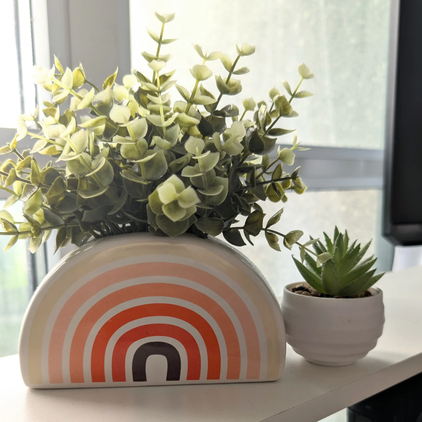 Rainbow Ceramic Vase with Faux Greenery + Tiny Plant
