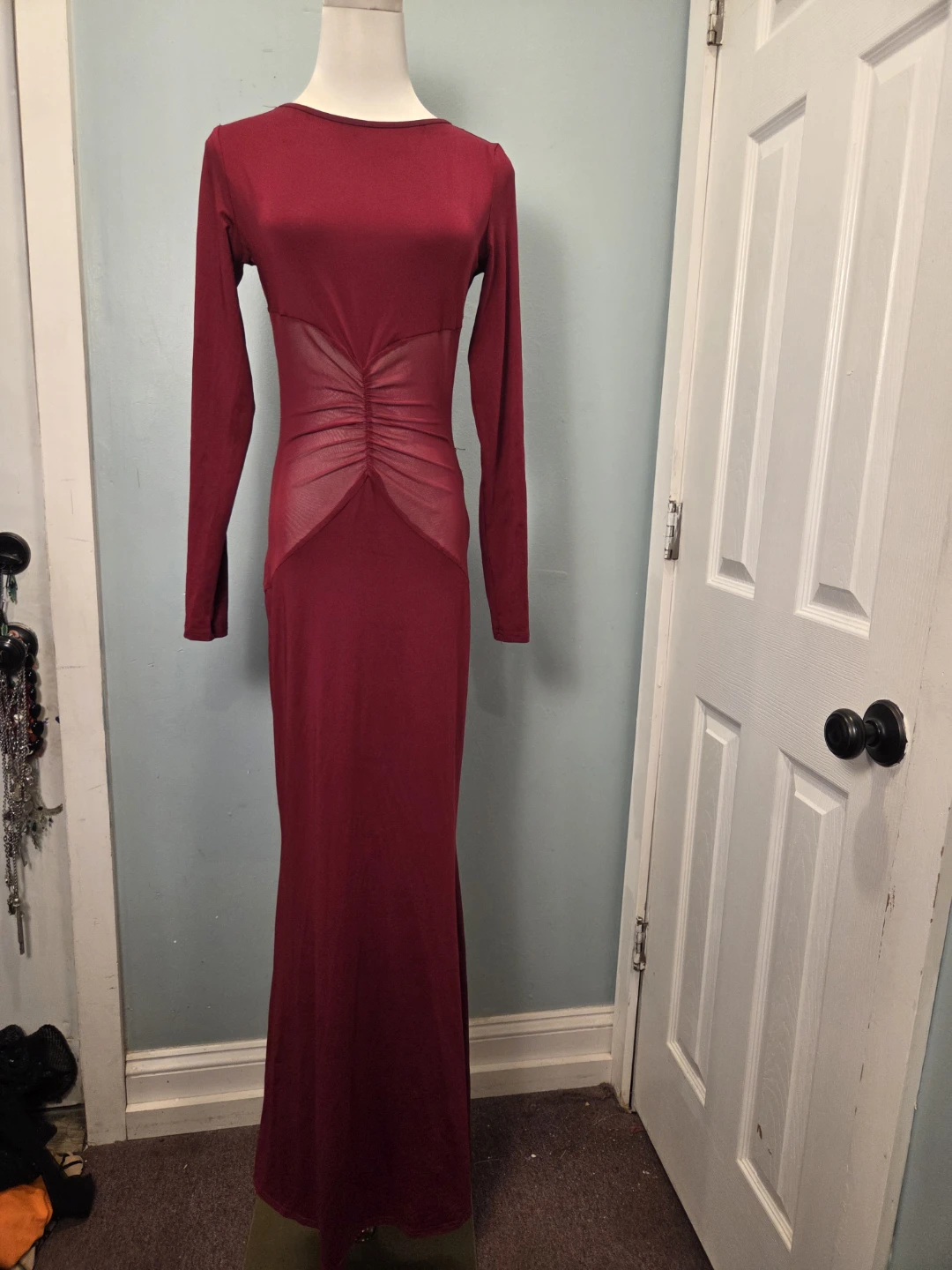Women's Red Long Sleeve Ruched Sheer Panel Gown - photo 2