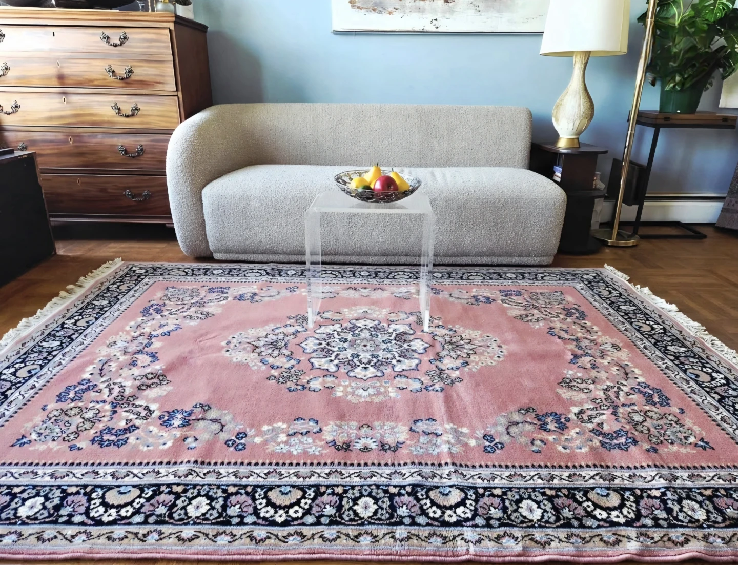 Large Coral Pink 100% Wool German Made Area Rug (94" × 66") - photo 2