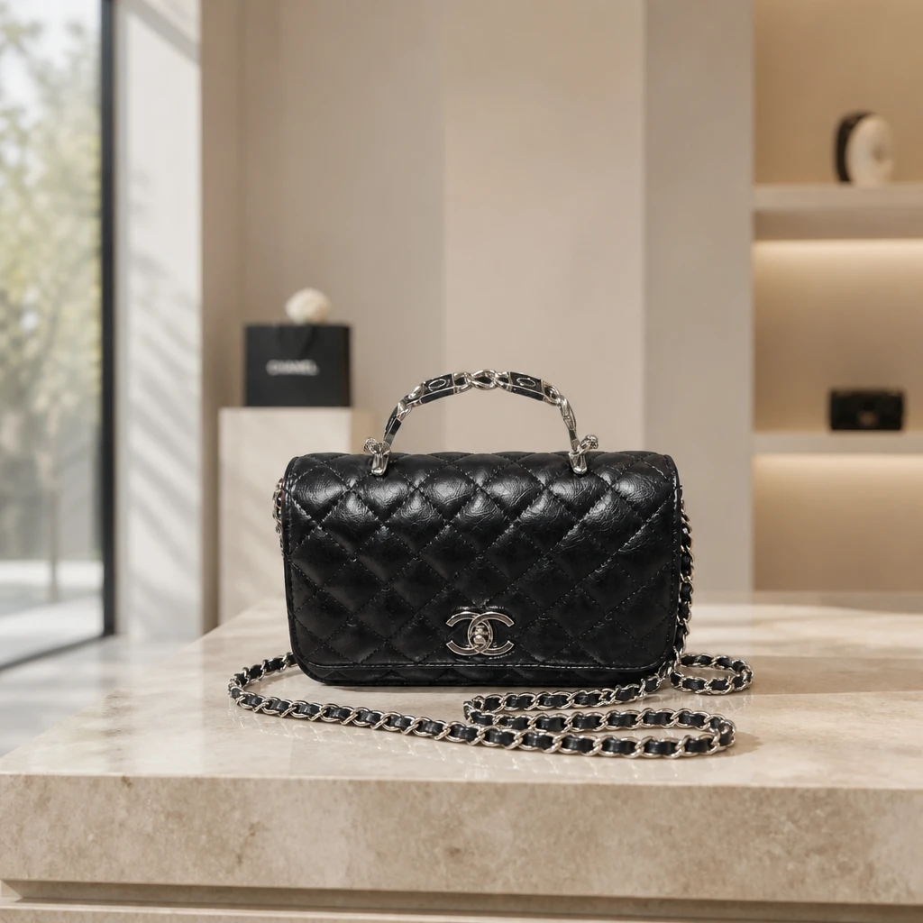 Black Quilted Leather Flap Bag with Chain Strap