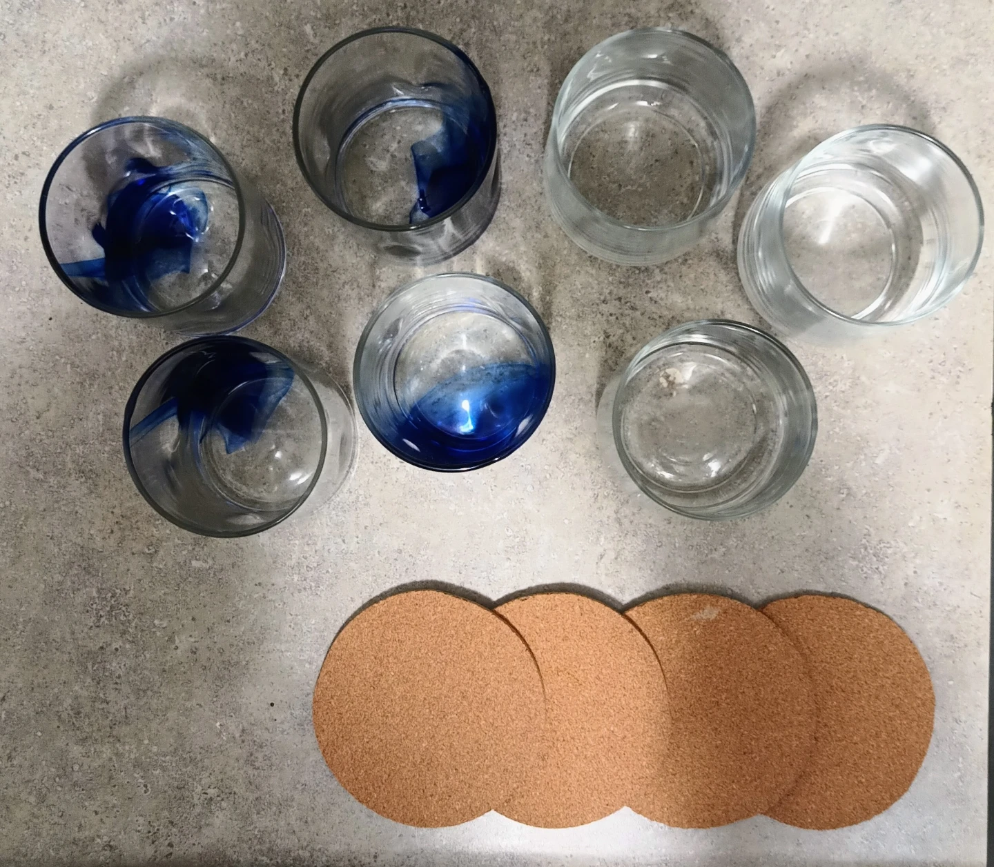 Set of 7 Drinking Glasses with 4 Cork Coasters
